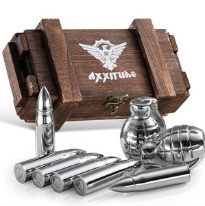 Wiskey Stones Grenade & Bullet with vintage wooden case